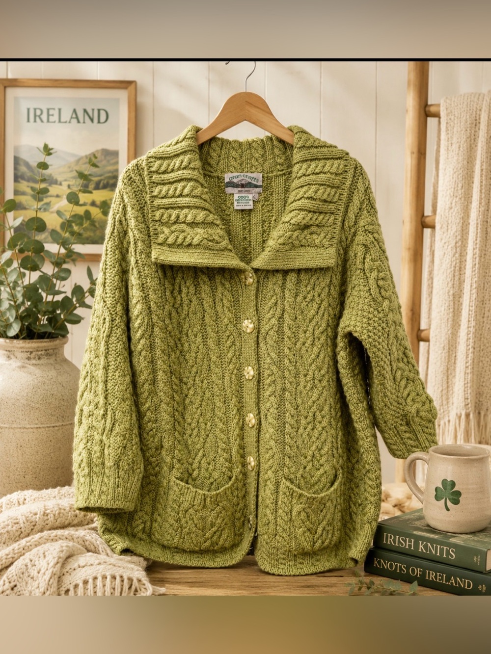 Aran crafts size large cable knit design pea green button up sweater merino wool
